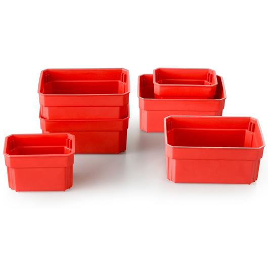 Facom BP.P26APB set of red plastic storage bins, five pieces, front angle on white background.