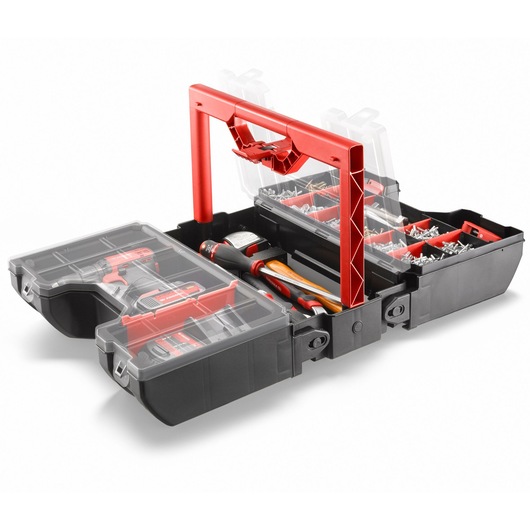 Facom BP_Z46APB black and red hard plastic tool box with compartments, top handle, and assorted tools, front angle.