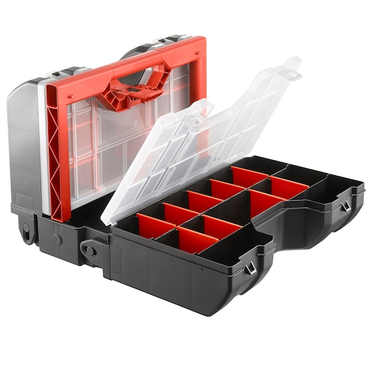 Facom BP_Z46APB organizer box with red dividers, transparent lid, and black case, front angle.