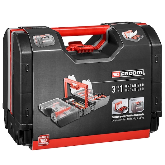 Facom BP_Z46APB tool organizer case with red handle, black body, and modular compartments, product packaging side view.