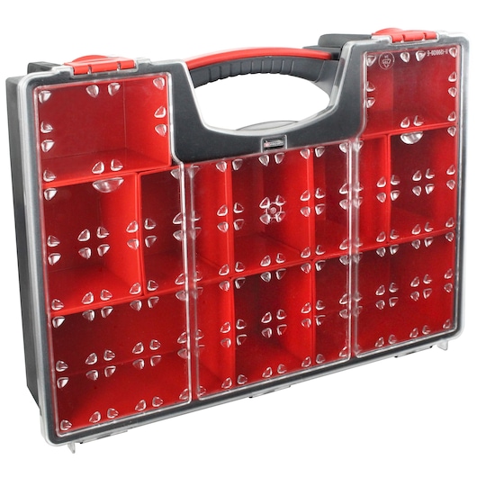Photo of Facom BP.Z8PB plastic organizer case with red compartments and clear lid, front angle.