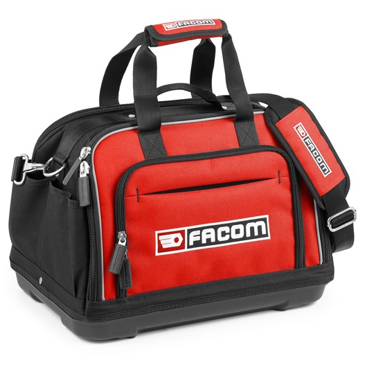 Facom BS.2SBPB red and black tool bag with handles, shoulder strap, and front zip pocket, shown at angle on white background.