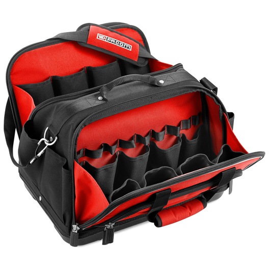 Facom BS.2SBPB tool bag with multiple black and red pockets and compartments, photo on white background.
