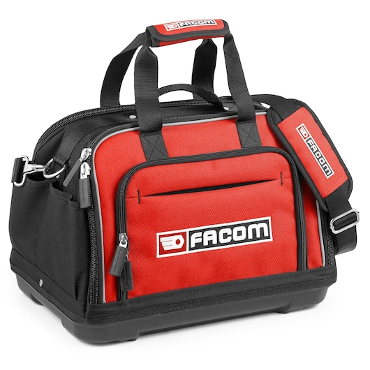 Facom BS_2SB tool bag, red and black, with front pocket, carry handles, and shoulder strap, photography, front angle.
