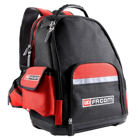 Facom BS.L30PB backpack, black and red, front angle, features multiple zippered pockets and handle.