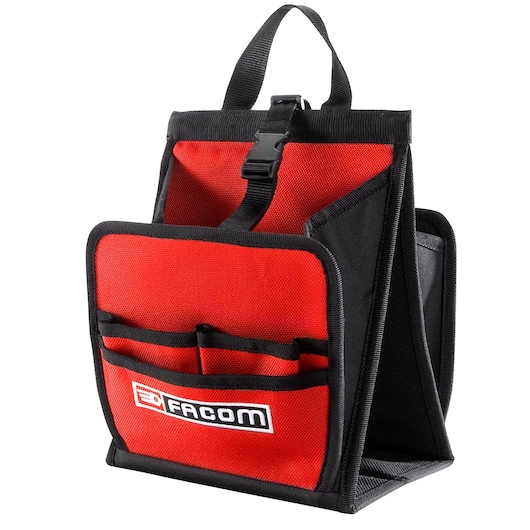 Photo of Facom BS.L30PB red and black fabric tool pouch with multiple pockets and top handle, front angle.