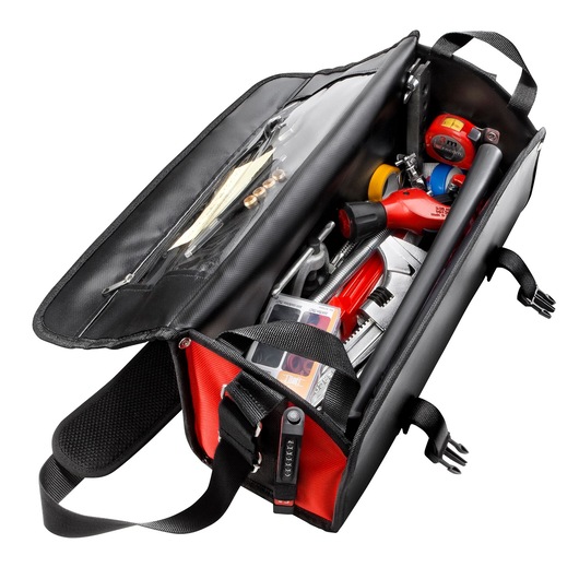Facom BS.LMBCPB tool bag with red and black design, open top view, filled with assorted tools and accessories.