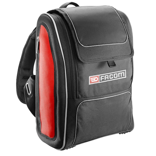 Facom BS.MCBPB black and red tool backpack with front pocket and side zipper, angled on white background.