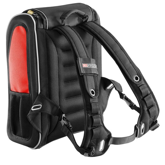 Facom BS.MCBPB black and red tool backpack, rear view showing padded straps and back, white background.
