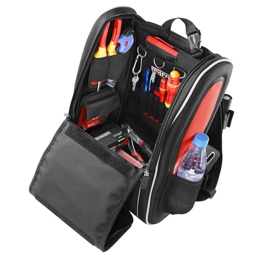 Facom BS.MCBPB tool backpack with open compartments, visible hand tools, front pocket, and side water bottle.