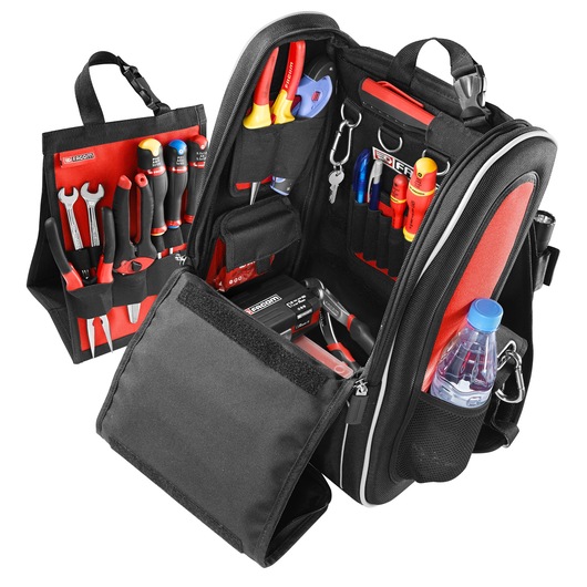 Facom BS.MCBPB tool backpack with open compartments, assorted hand tools, side pocket with water bottle, front angle.