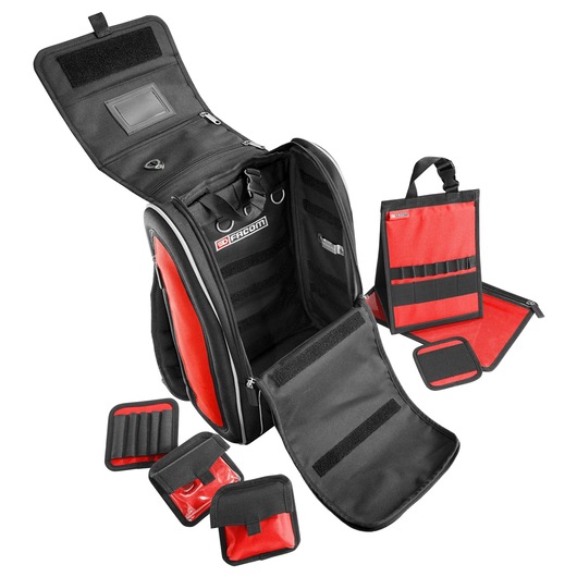 Photo of Facom BS.MCBPB modular tool backpack in black and red with multiple removable pouches on white background.