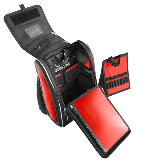 Facom BS.MCBPB red and black tool backpack with open front, showing removable tool panels, front angle, white background.