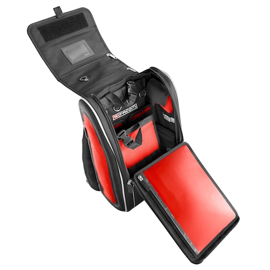 Facom BS.MCBPB black and red tool backpack with multiple compartments, open front view on white background.