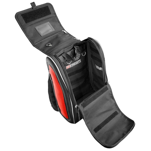 Photo of Facom BS.MCBPB black and red tool backpack with both main compartments open, shown on white background.