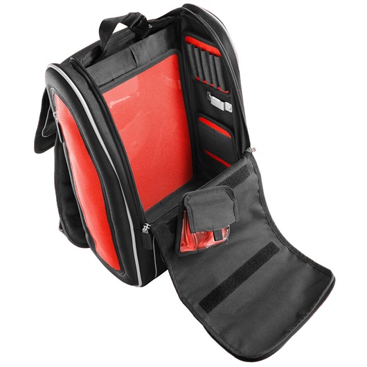 Facom BS.MCBPB tool backpack, black and red, open front showing interior pockets and compartments, front angle.