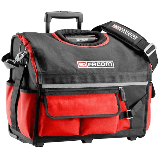 Facom BS.R20PB red and black rolling tool bag with shoulder strap, front pocket, and telescopic handle, white background.