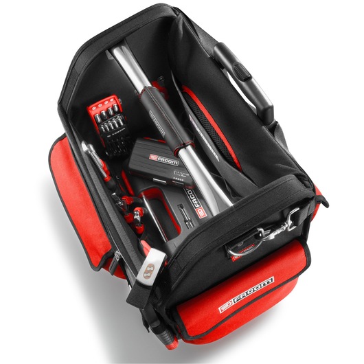 Facom BS.R20PB tool bag with assorted tools, black and red, top view, photography.