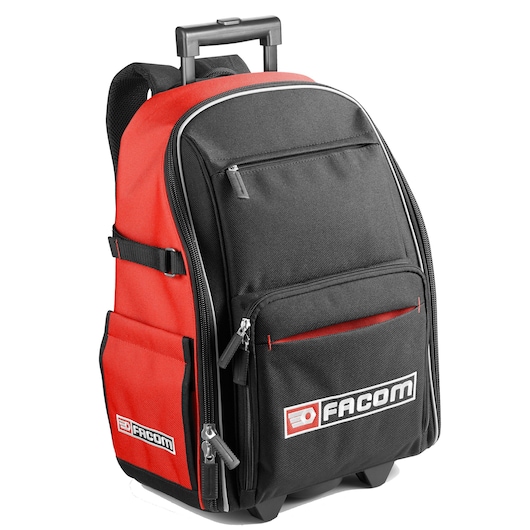 Facom BS.RBPB photography front angle, black and red rolling backpack with multiple zippered pockets.