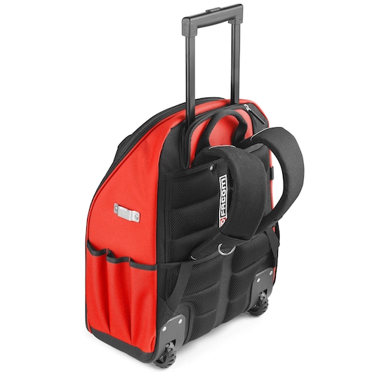 Facom BS.RBPB red and black rolling backpack photography, rear angle with handle extended.