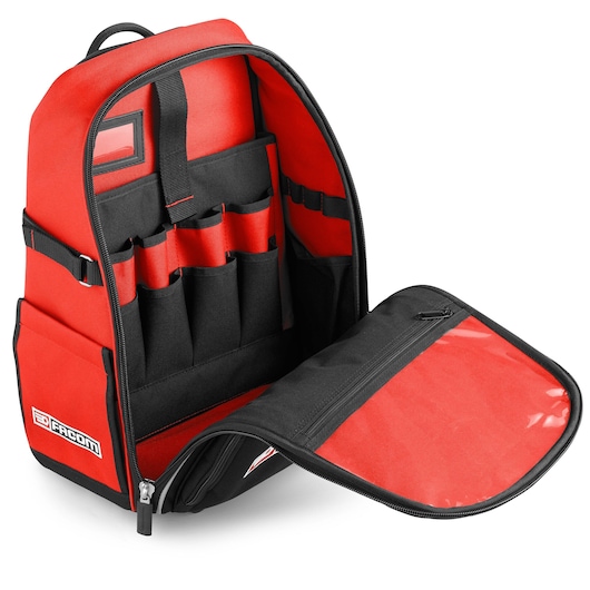 Facom BS.RBPB red and black tool backpack with open front, multiple internal pockets, and zippered compartment, angled view.