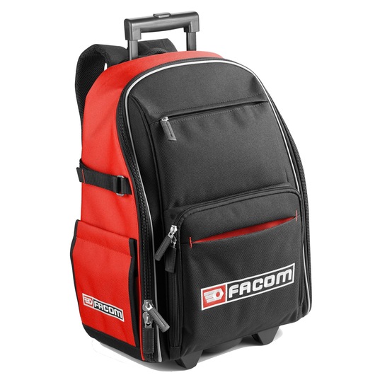 Facom BS_RB wheeled tool backpack, black and red, with front logo, multiple zippered pockets, front angle.