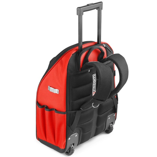 Facom BS_RB red and black rolling backpack tool bag, rear angle, with handle extended and pockets visible.