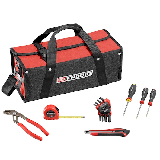 Facom tool bag BS_SMBCM1PB with pliers, tape measure, screwdrivers, hex keys, and utility knife, photo on white.