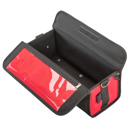 Facom BS.SMBPB tool bag, black and red fabric, open with transparent zip pocket, angled front view.