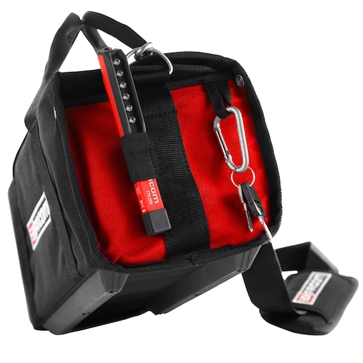 Photo of Facom black and red tool bag BS.SMBPB on white background, front angle, with flashlight and keys attached.