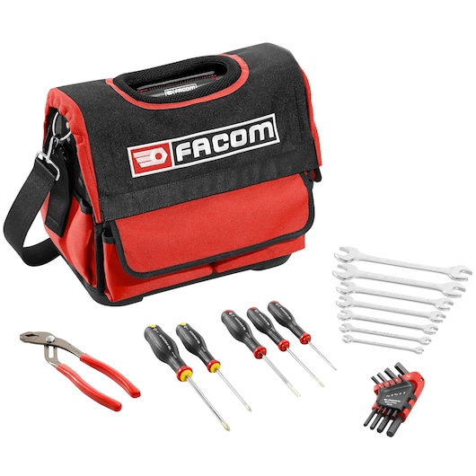 Facom BS_T14CM1PB tool bag with screwdrivers, wrenches, pliers, and hex key set, front angle, white background