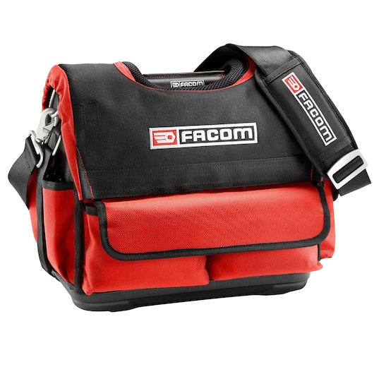 Facom BST14PB tool bag, black and red, with shoulder strap, front view on white background.