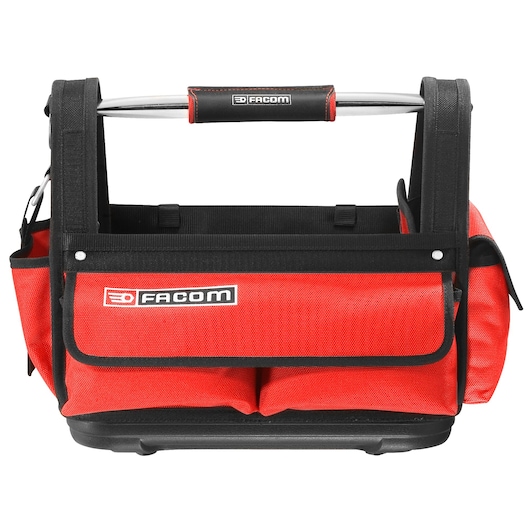 Facom BST14PB open tool bag, red and black fabric, front view, with handle and multiple pockets.