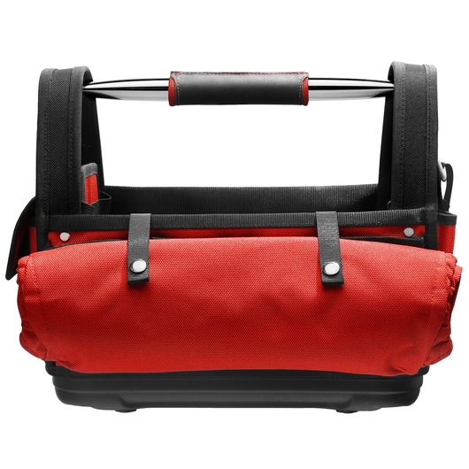 Facom BST14PB tool bag with open top, red fabric body, black plastic base, and padded handle, front view on white background.
