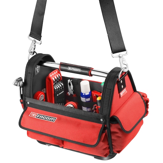 Facom BST14PB red and black tool bag with shoulder strap, filled with assorted tools, front angle photo.