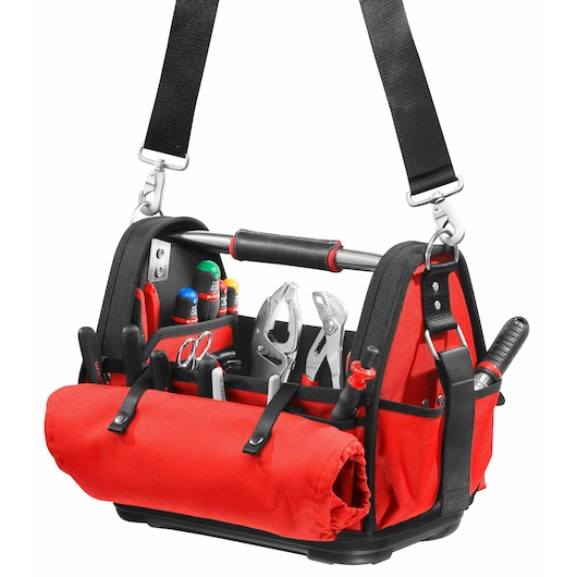 Facom BST14PB red and black open tool bag with shoulder strap, filled with assorted hand tools, front view.