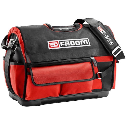 Facom BS.T20PB tool bag, black and red fabric, front pocket, shoulder strap, side view on white background.