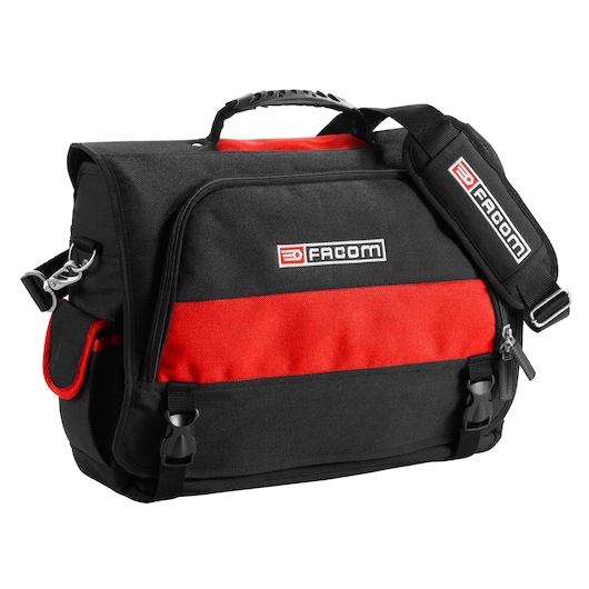 Facom BS.TLBPB tool bag, black and red, with handle and shoulder strap, front angle on white background.