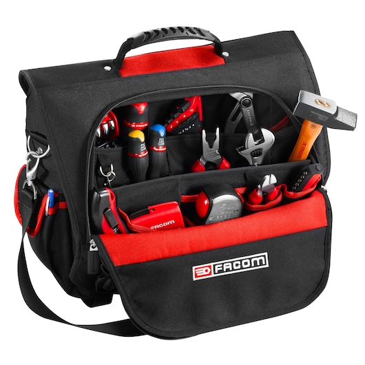 Facom BS.TLBPB black and red tool bag with assorted hand tools, front view on white background.