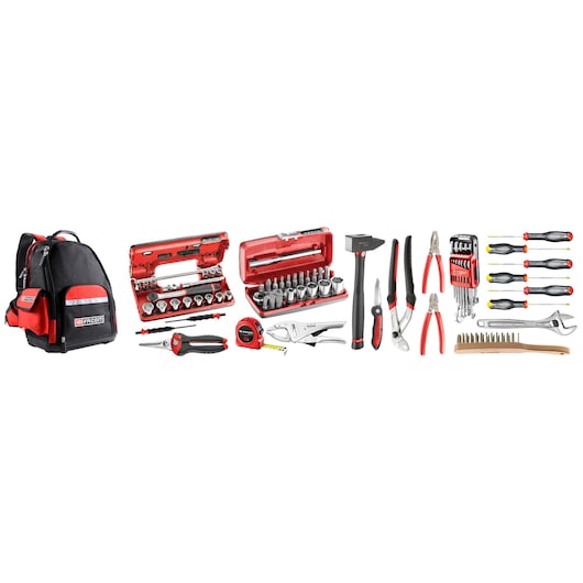 Facom BSL30_M510A tool set with black and red backpack, sockets, ratchets, pliers, screwdrivers, wrenches, and accessories, front view.