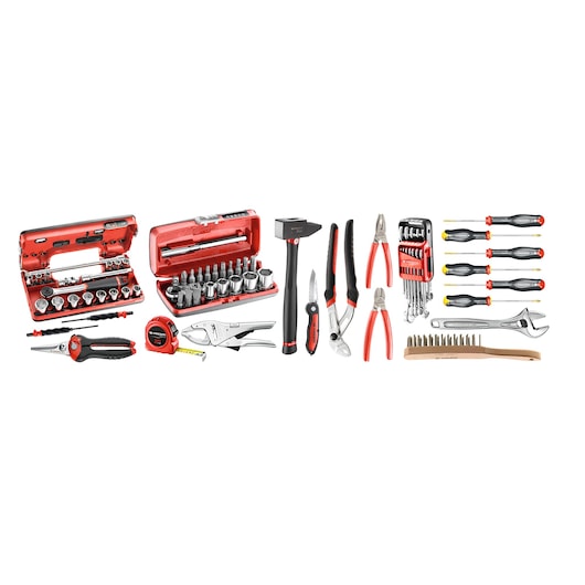 Facom BSL30_M510A tool set with sockets, wrenches, pliers, screwdrivers, hammer, tape measure and wire brush, front view.