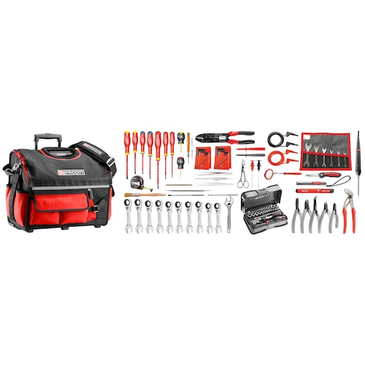 Photo of Facom BSR20_EL34 tool set with red and black rolling bag, various hand tools, screwdrivers, wrenches, and sockets.