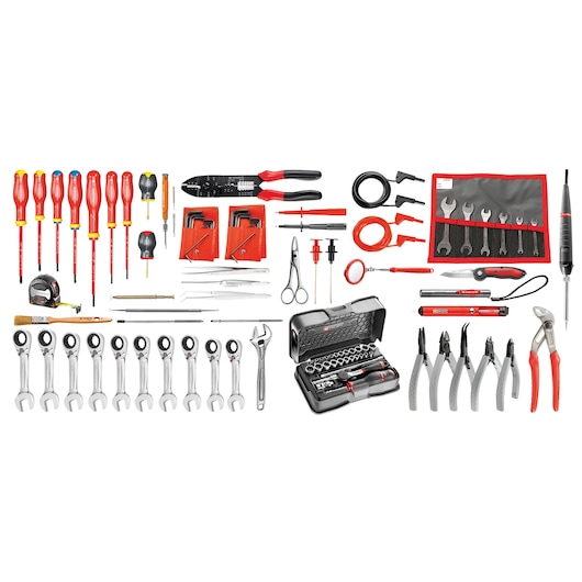 Facom BSR20_EL34 assorted hand tools kit with screwdrivers, wrenches, pliers, sockets, red accents, top view.