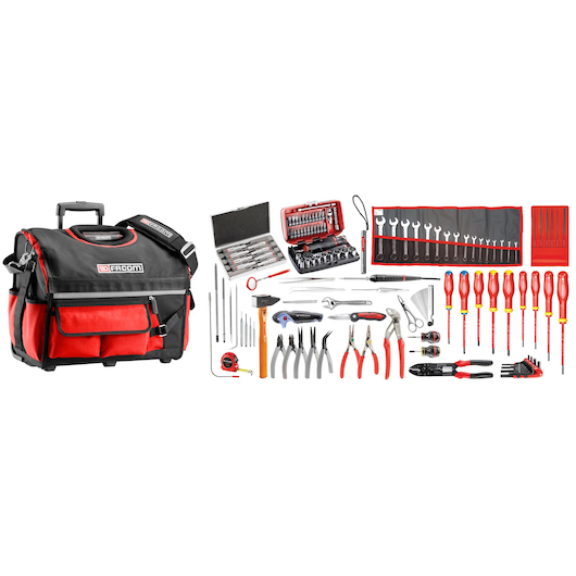 Facom BSR20_EM41A tool bag set with assorted hand tools, including screwdrivers, pliers, wrenches, tape measure, and more, front angle.