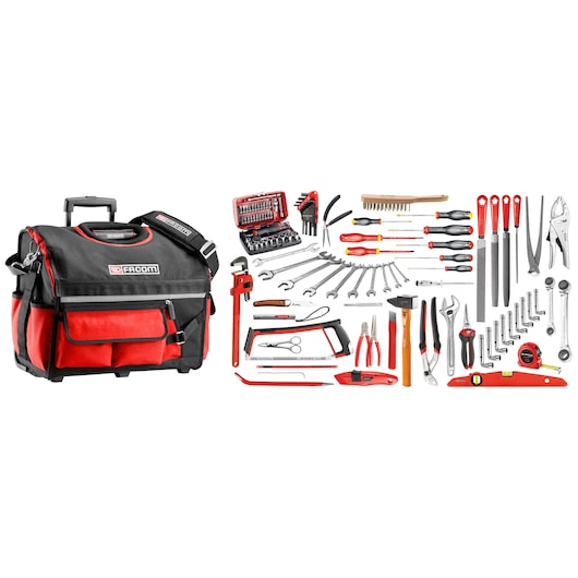 Facom BSR20_SG4A tool bag with wheels and assorted hand tools including wrenches, screwdrivers, pliers, and sockets, front angle.