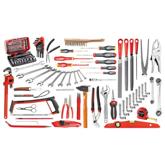Facom BSR20_SG4A tool kit photography showing assorted wrenches, screwdrivers, pliers, and hand tools, top view.