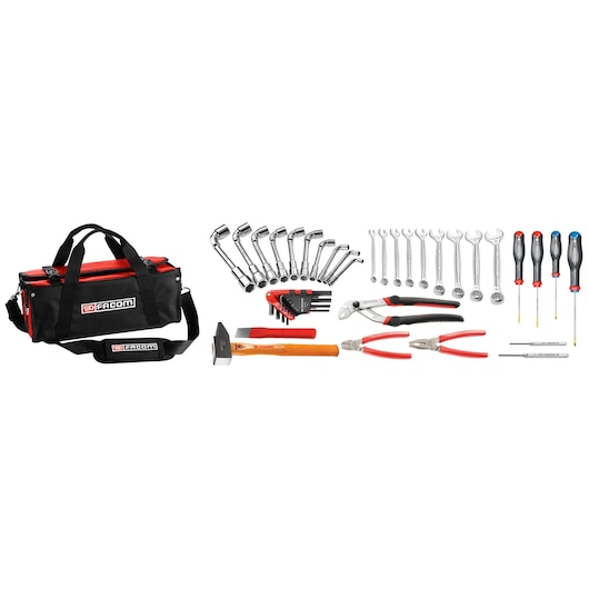 Facom BSSMB_LT3 tool set with black and red soft bag, wrenches, screwdrivers, pliers, hammer, and hex keys, front view.