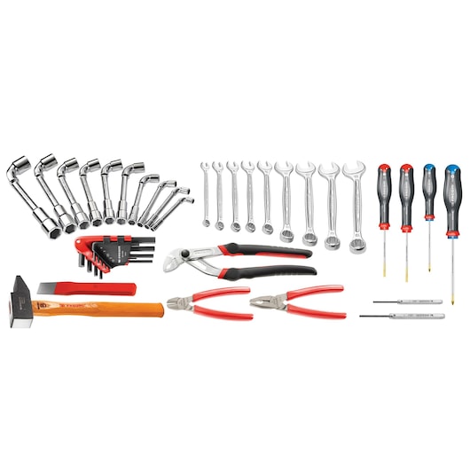 Facom BSSMB_LT3 hand tool set with wrenches, pliers, screwdrivers, hex keys, and hammer, top-down view on white.