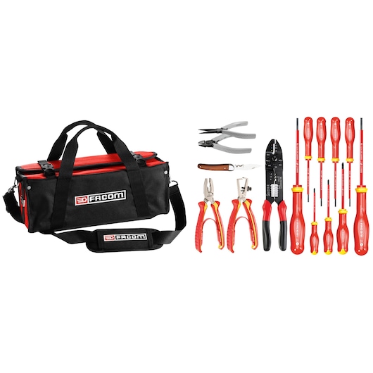 Facom BSSMB_SE tool bag set with assorted insulated screwdrivers and pliers, front angle on white background.