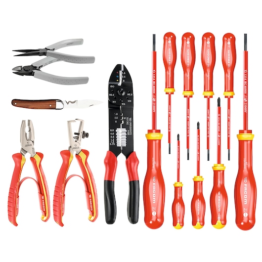 Facom BSSMB_SE insulated hand tool set with red and yellow screwdrivers, pliers, wire strippers, and a folding knife, top view.